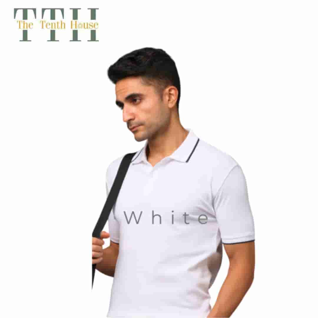 TTH Premium Polo T Shirt White With Navy Blue Tipping