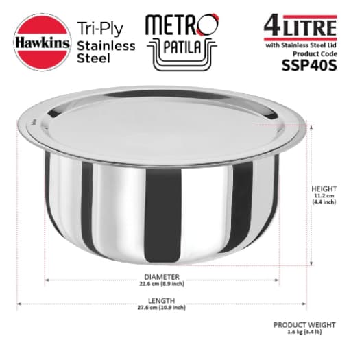Hawkins 4L Stainless Steel Tope Metro Patila With SS Lid