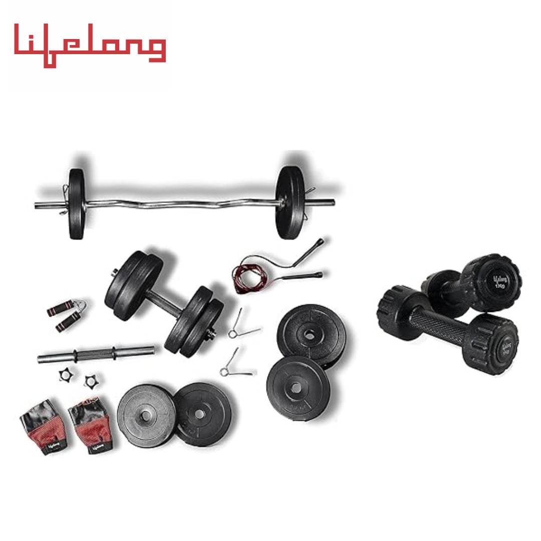 Lifelong PVC Home Gym Set 10Kg Plate 3Feet Curl Rod And Dumbbells Rods With Gym Accessories