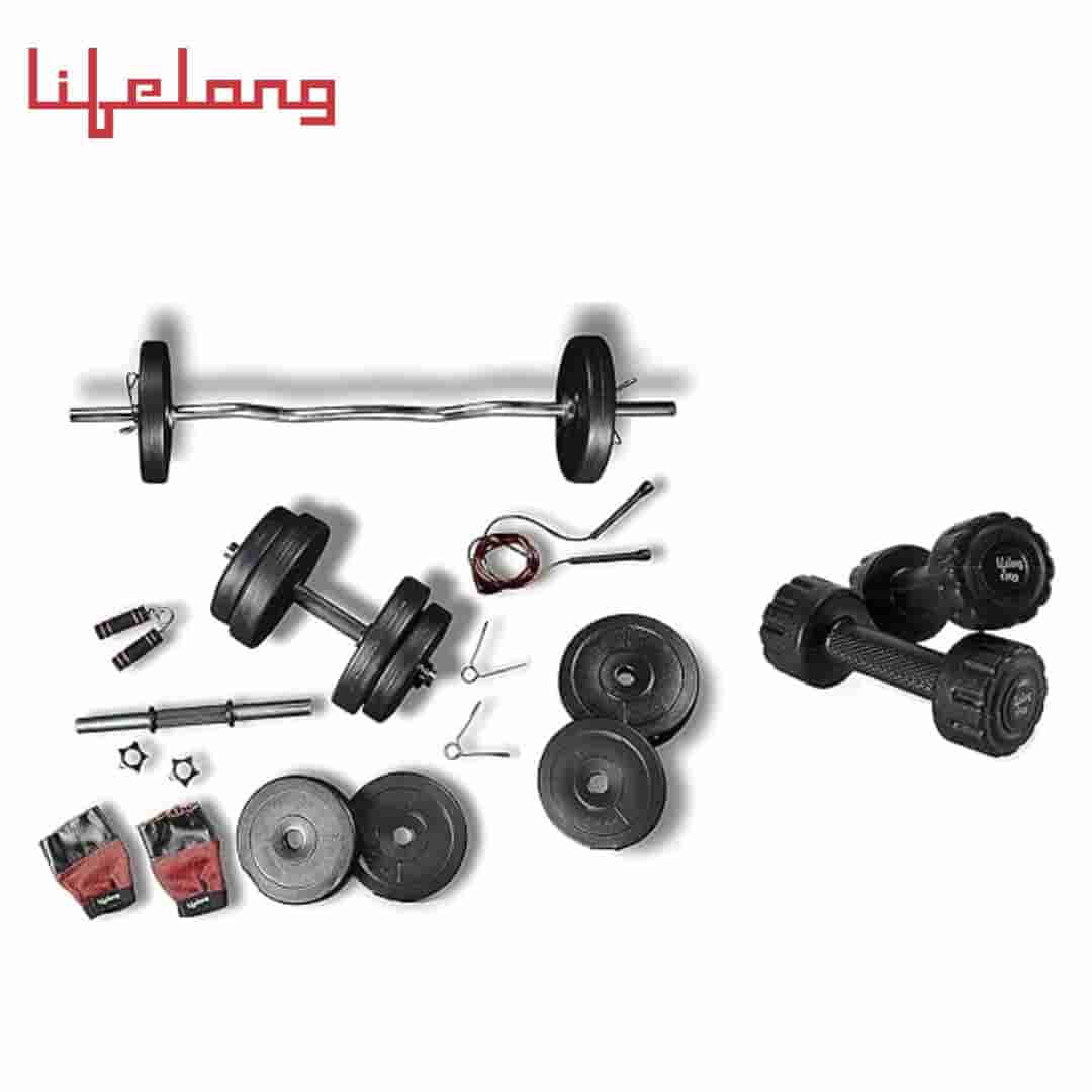 Lifelong PVC Home Gym Set 10Kg Plate 3Feet Curl Rod And Dumbbells Rods With Gym Accessories